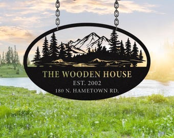 Custom Family Name Metal Sign: Mountain Cabin Address, Pine Tree Decor