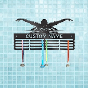 Custom Butterfly Stroke Swimming Medal Hanger Wall Art Swimmer Medal Holder Display Rack For Award And Ribbon Tiered Award Rack Sport Gifts