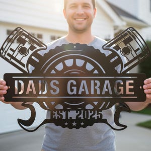 Custom Garage Name Metal Sign: Personalized Workshop Decor, Dad Gift