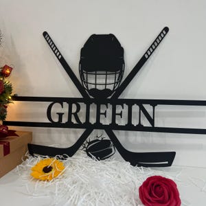 Panneau personnalisé en métal de hockey sur glace, art mural en métal, panneau de joueur personnalisé, décoration d&#39;intérieur, enfant, garçon, amoureux, décoration de chambre d&#39;enfant, cadeau de Noël
