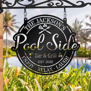 Custom Sign for Pool Bar Metal Family PoolSide Bar and Grill Sign,Pool Signs for Outdoor Personalized, Pool Oasis, Poolside Decor, Gift