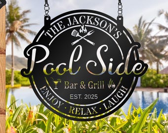 Personalized Pool Bar Sign: Metal Family Poolside Grill Decor