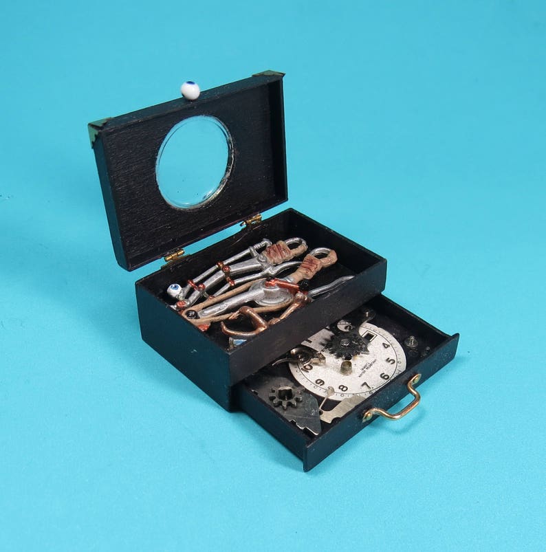 Collector Miniature 1:12 Steampunk, Wizard, Gizmo, Box of weird Supplies OOAK image 1