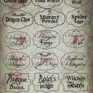 Set of 15 Potion Bottle Lables, Halloween VAMPIRE