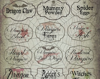 Set van 15 Potion fles Lables, Halloween VAMPIER