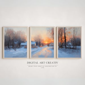Set of 3 Winter Prints | Snowy Forest Wall Art Set | Winter Landscape Digital Download | Neutral Christmas wall Art | Rustic Winter Decor