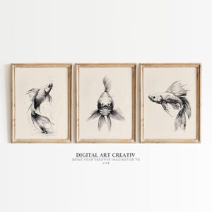 Set of 3 Sketch Fish Wall Art Prints | Minimalist Black White Fish Artwork | Outdoorsy Nursery Gingham Print | minimalist fish wallart print