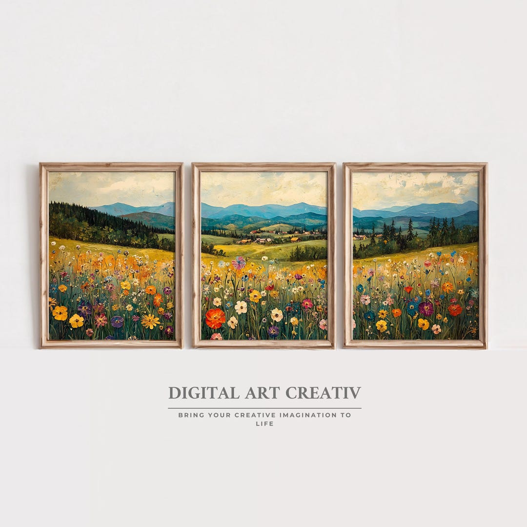 Set of 3 Wildflower Field Landscape Prints | Vintage Wildflower Wall ...