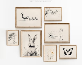 Conjunto de 7 gravuras vintage de esboços de animais | Arte de parede de fazenda em preto e branco | Decoração rústica para casa | Decoração de parede de galeria rústica | Download digital