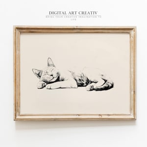 Vintage Sleeping Cat Sketch Printable | Minimalist Cat Line Drawing | Vintage Cat Poster | Black and White Cat Print | Digital Cat wall art