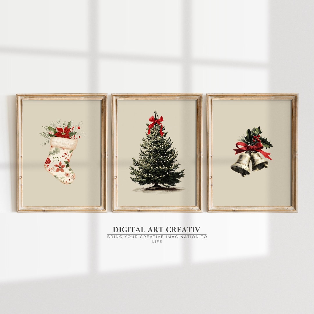 Vintage Christmas Tree Print Set of 3 Retro Holiday Wall