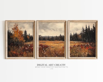Set of 3 Printable Landscape Wall Art | set of 3 Wildflower Wall Art | Vintage Landscape Painting Printable | Neutral Painting Digital print