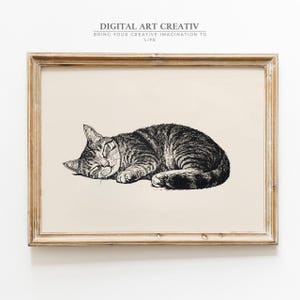 Vintage Sleeping Cat Sketch Wall art | Minimalist Cat Line Drawing | Abstract Sleeping Cat Print | Vintage Cat Poster | Black White draw art