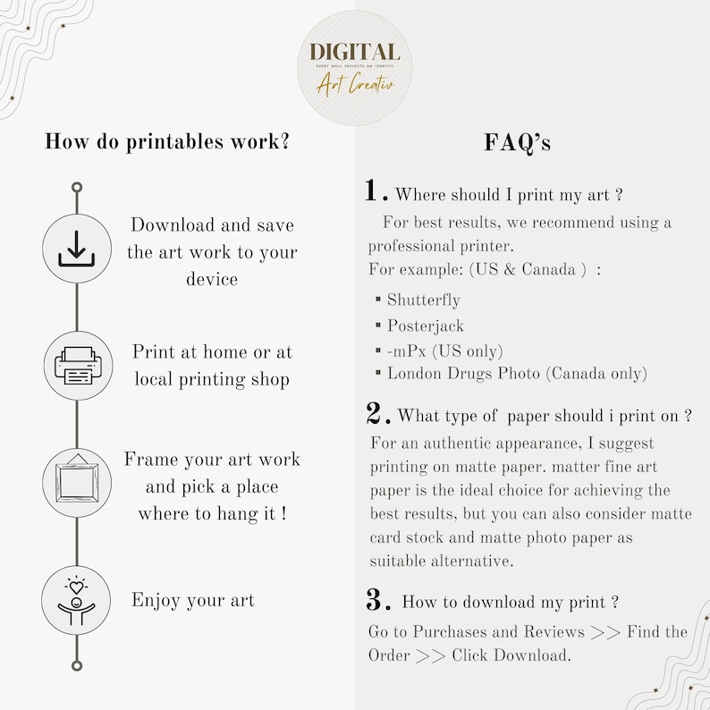 Pode incluir: Gr&aacute;fico creme com o texto "DIGITAL Art Creativ" e instru&ccedil;&otilde;es sobre como baixar e imprimir arte. A se&ccedil;&atilde;o de perguntas frequentes fornece recomenda&ccedil;&otilde;es de impress&atilde;o e sugest&otilde;es de papel.