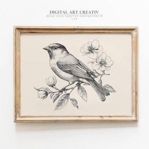 Impressão de desenho de pássaro vintage | Ilustração de pássaro antiga | Arte de parede rústica de fazenda | Decoração minimalista neutra | Imprimível minimalista de primavera