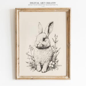 Vintage Kaninchen Skizze Print | Vintage Hasen Zeichnung | Rustikale Kaninchen Skizze Print | 3D Tier Bild vom Bauernhof, Tierkindergarten Kunst Digitaler Download