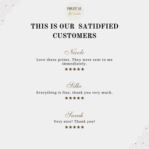 Pode incluir: Um gr&aacute;fico bege claro com o texto "THIS IS OUR SATISFIED CUSTOMERS". Abaixo est&atilde;o depoimentos de clientes com nomes e classifica&ccedil;&otilde;es por estrelas. O canto superior esquerdo tem um logotipo que diz "DIGITAL Art Creativ".