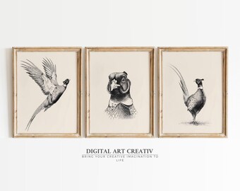 Conjunto de 3 impressões de arte de parede vintage de faisão | Conjunto de 3 esboços de faisão | Arte de parede de pássaro | Download digital de fazenda | Impressão instantânea rústica de pássaro