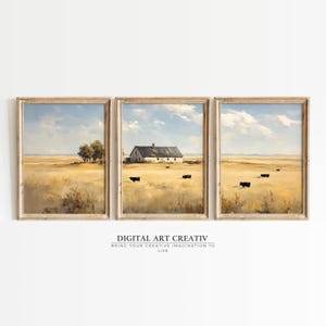 Vintage Farmhouse Wall Art set 3 | Muted Landscape Painting Set | Wildflower and Landscape Wall Art | Set of 3 digital Landscape Printable