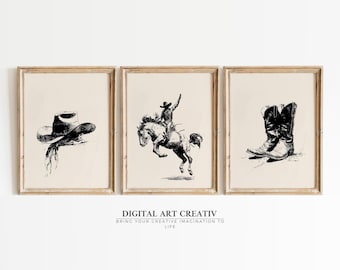 Conjunto de 3 esboços de arte de parede vintage de cowboy | Conjunto de arte de parede ocidental | Download digital de decoração de parede de cowboy com esboço vintage rústico | Arte de cavalo cawboy