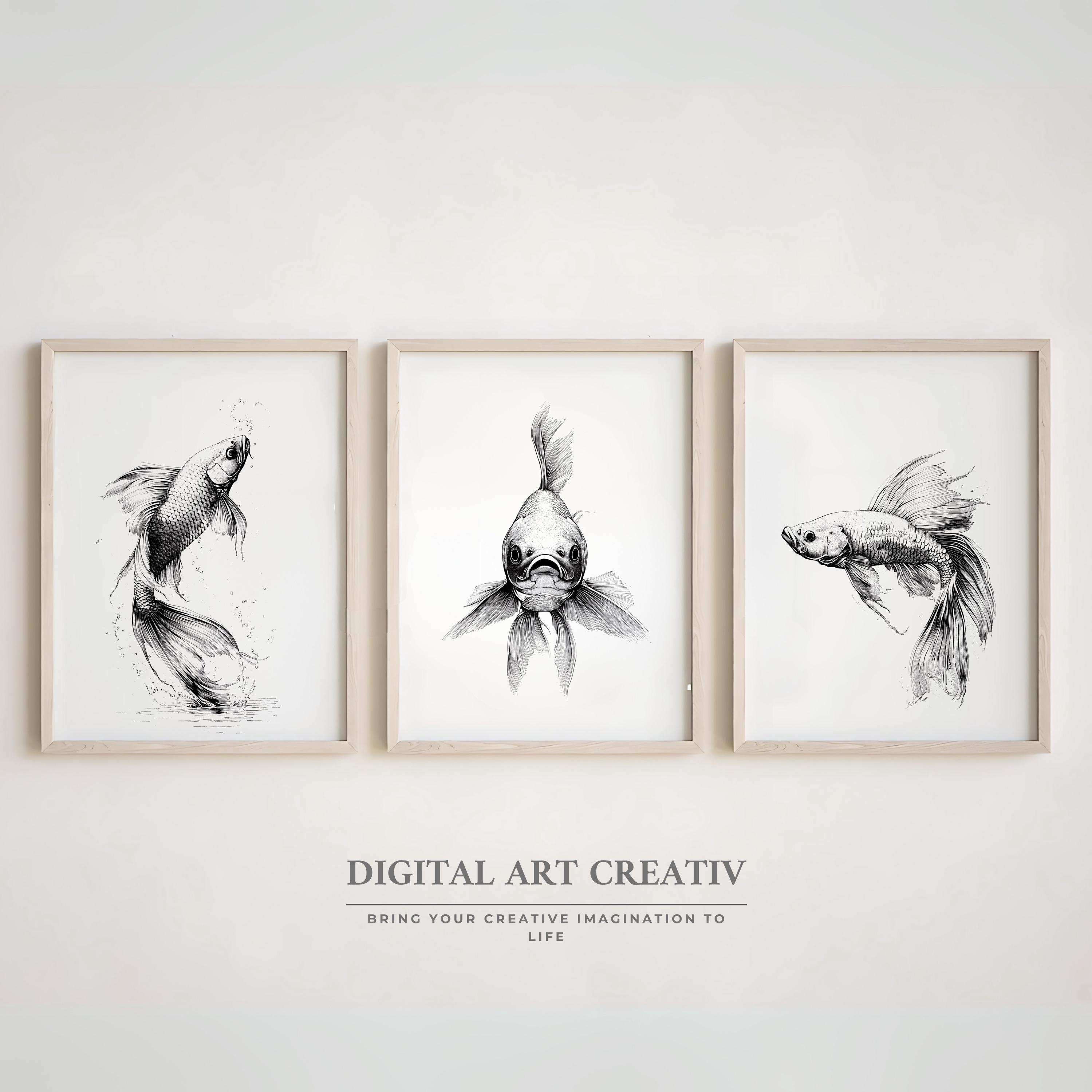 スケッチフィッシュウォールアートプリント3枚セット | ミニマリストな