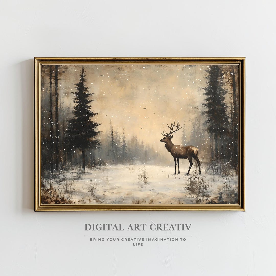 Vintage Winter Deer Landscape Art Print: Rustic Christmas Oil Painting ...