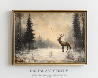 Vintage Winter Deer Landscape Art Print: Rustic Christmas Oil Painting (Digital Download)