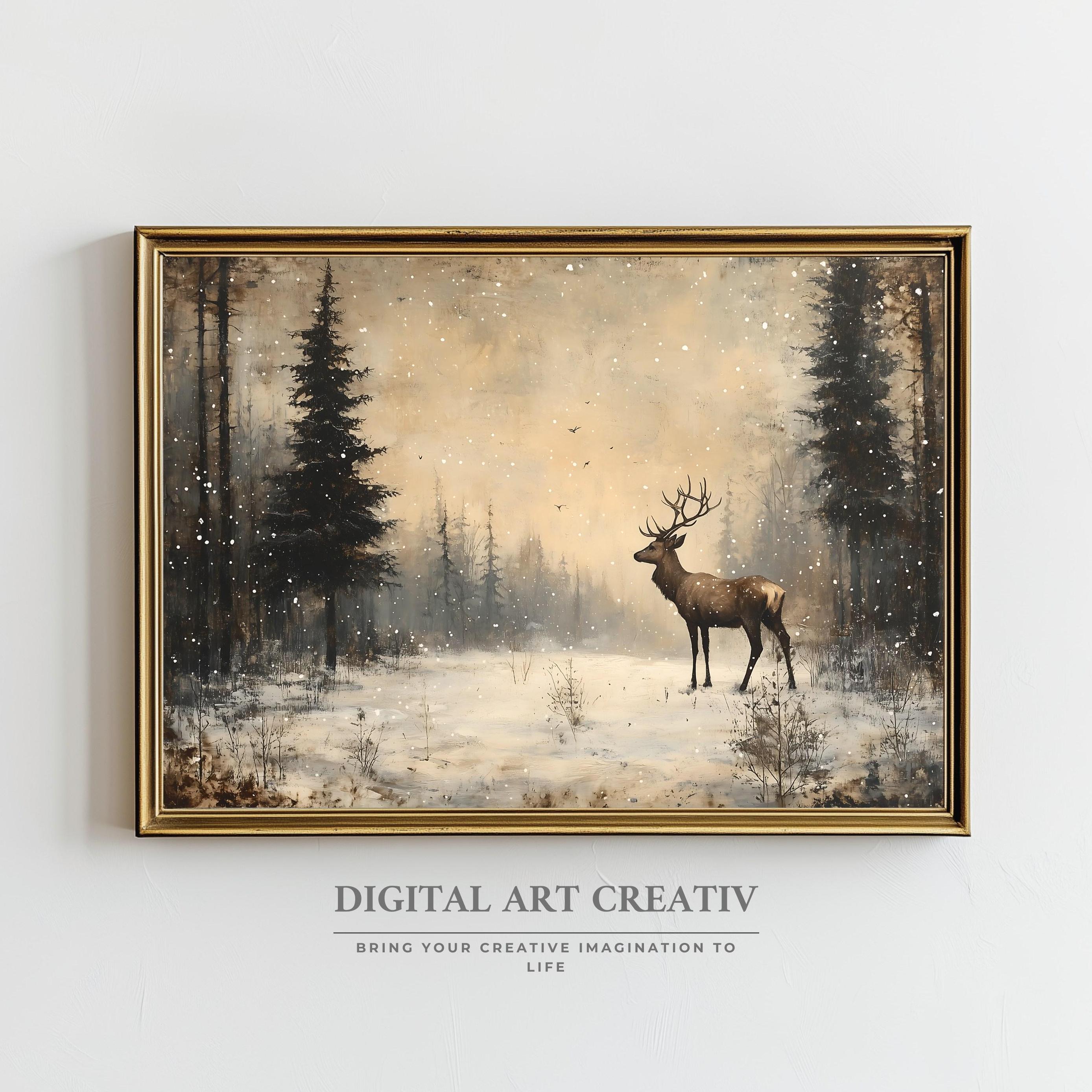Vintage Winter Deer Landscape Art Print: Rustic Christmas Oil Painting ...