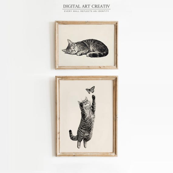 Set of 2 sketch Cat Print Wall Art | Printable Cat Sketches for Home Decor | Antique Cat Poster wall art | Digital Animal Wall Art Download