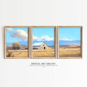 Vintage Farmhouse Wall Art set 3 | Muted Landscape Painting Set | Wildflower and Landscape WallArt | Set of 3 Landscape Prints | digital art