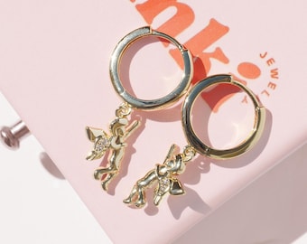 Gold Angel Hoop Earring | Dainty Cherub Jewelry | Celestial Charm Hoops