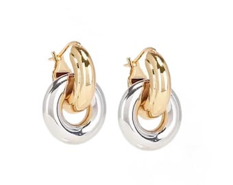 Two Tone Chunky Hoop Earrings | Gold Silver Mixed Metal Statement Hoops