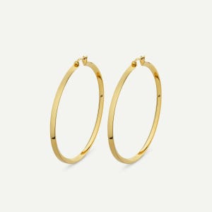 May include: Two gold-colored hoop earrings. The earrings are a simple, classic design with a smooth, polished finish. The hoops are round and have a secure clasp. The earrings are displayed against a white background.