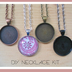 5pc..DIY Circle Pendant Tray Necklace Kit..25mm...includes chains, glass Inserts, trays..Mix and Match color trays. image 1