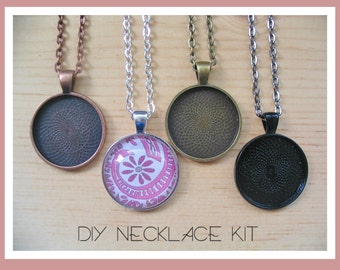 25pc..DIY Circle Pendant Tray Necklace Kit..25mm...includes chains, glass tiles,  trays..Mix and Match color trays.