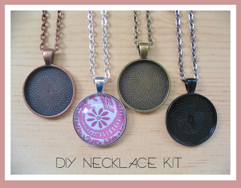 5pc..DIY Circle Pendant Tray Necklace Kit..25mm...includes chains, glass Inserts, trays..Mix and Match color trays. image 1