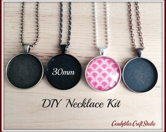 10pc..DIY Circle Pendant Tray Necklace Kit..30mm...includes chains, glass Inserts,  trays..Mix and Match color trays.