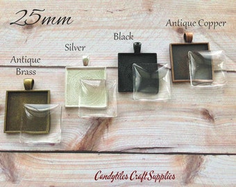 5pk...25mm Square Pendant Trays with Glass Inserts....MIX and MATCH. Trays and glass are 1 inch...SPT