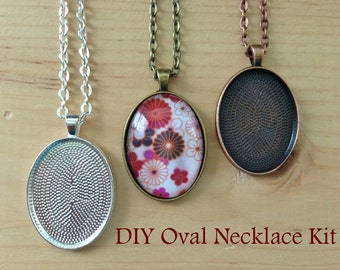 25pc..DIY Oval Pendant Tray Necklace Kit...22 x30mm...includes chains, glass tiles,  trays..Mix and Match color trays.