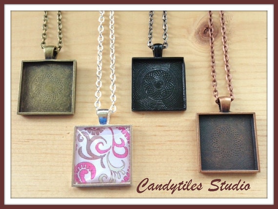 5pc DIY Square Pendant Tray Necklace Kit includes chains glass Inserts trays Mix and Match color trays