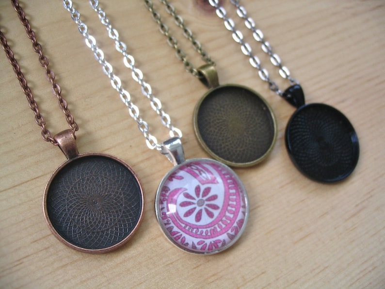 5pc..DIY Circle Pendant Tray Necklace Kit..25mm...includes chains, glass Inserts, trays..Mix and Match color trays. image 2