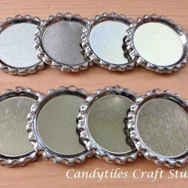 100pc..Flattened Chrome Bottle Caps...With Hole...Comes with Split Rings...Great for Magnets and Necklaces