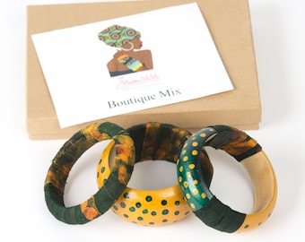 Hand painted wood and African fabric covered bracelets set of 3