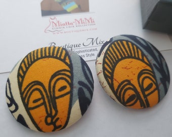 African Mask Earrings, African Earrings, Mask Earrings, Mask Button Earring, Fabric Earrings, African Fabric Earrings, Fabric Button Earring