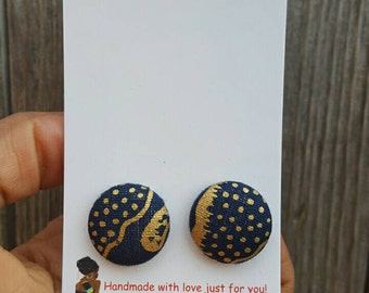 Fabric button earrings gifts for her, Button earrings, Blue and gold fabric earrings, Button fabric earrings, Blue button earrings, Button