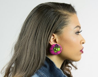 Pink and green earrings, Button earrings, Pink earrings, African earrings, African jewelry, Pink and green jewelry, Fabric button earrings