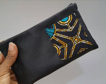 Black leather zipper pouch, Leather pouch, Leather clutch, African zipper pouch, Leather bag, African pouch, Zipper pouch, Leather purse,