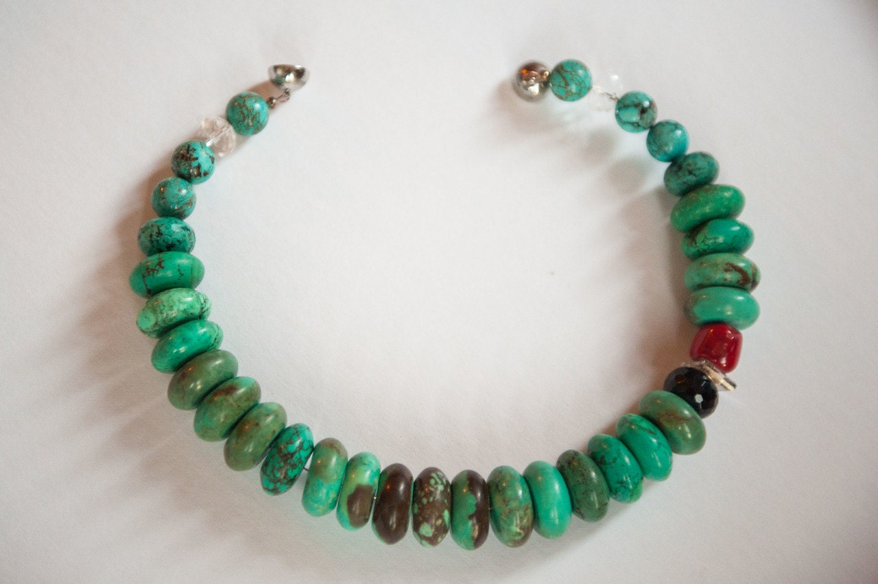 Genuine African Turquoise Long Beaded Necklace with Antique Copper Cross 262y