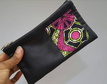 Leather pouch, Pink and green clutch, African zipper pouch, Leather bag, African pouch, Leather purse, Leather clutch, African print clutch