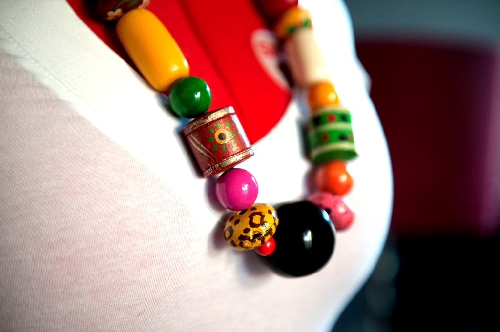 Handpainted Wood Bead Necklace, Beaded Necklace, Wood Bead Necklace ...